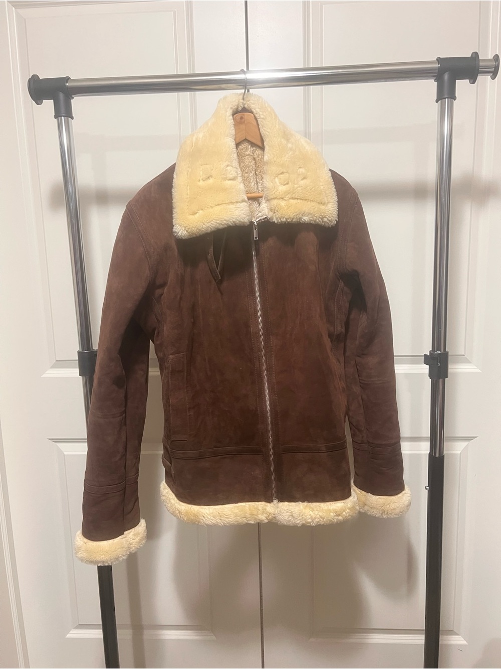 Classic Brown Shearling Bomber Jacket with Cream Fur Trim